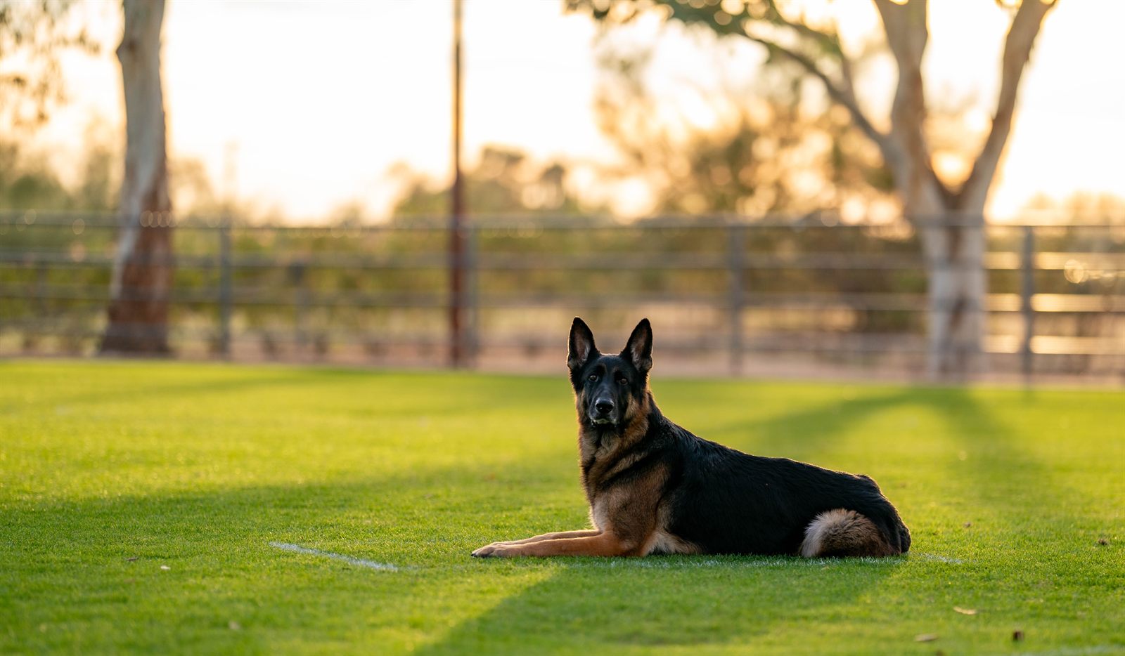 Bruce, certified psychiatric service dog, on a down-stay at sunset